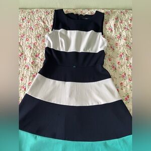 R&K Striped Midi Dress in Navy, White, and Teal with Belt